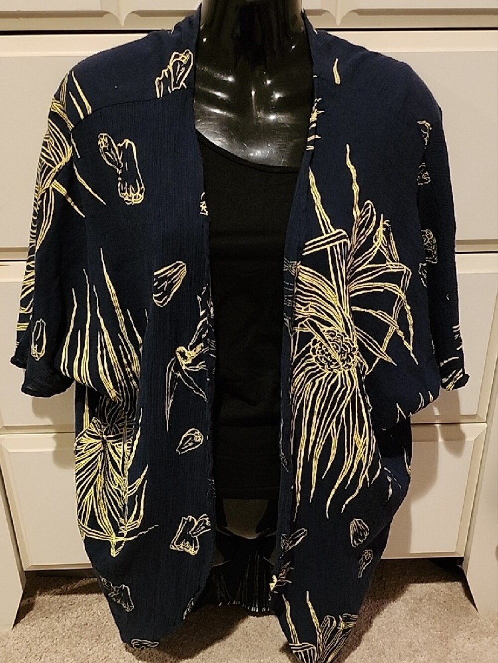 Hawaiian Kimono Top Jacket KAULUA'E Lauhala Yellow And Blue - Picture 2 of 6